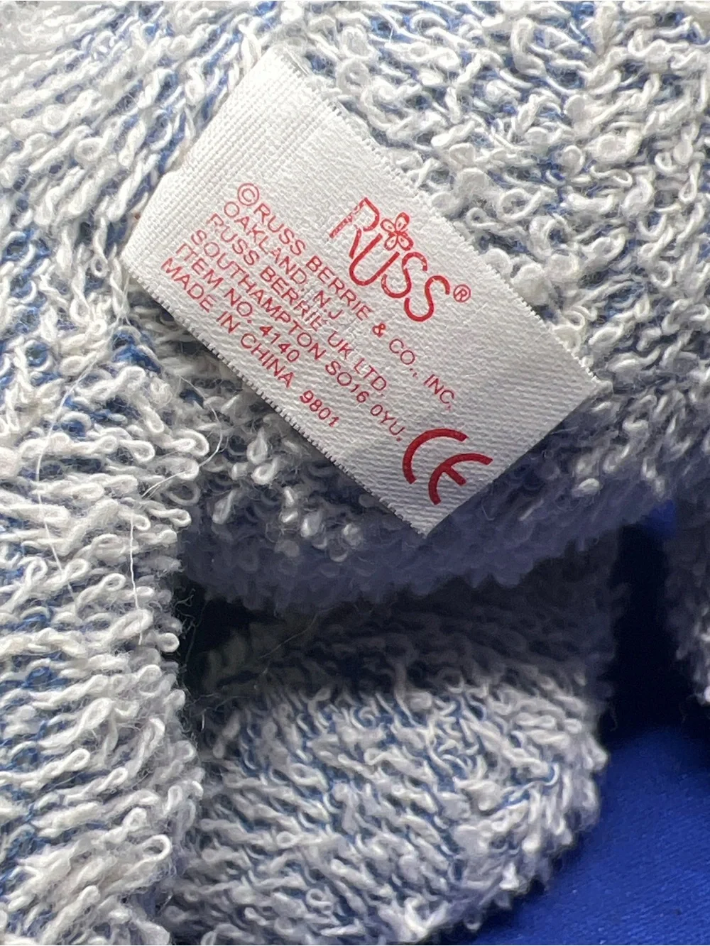 Vintage  Russ Berrie Blue White Terrycloth Puppy Dog W/red Striped Scarf 5” HTF